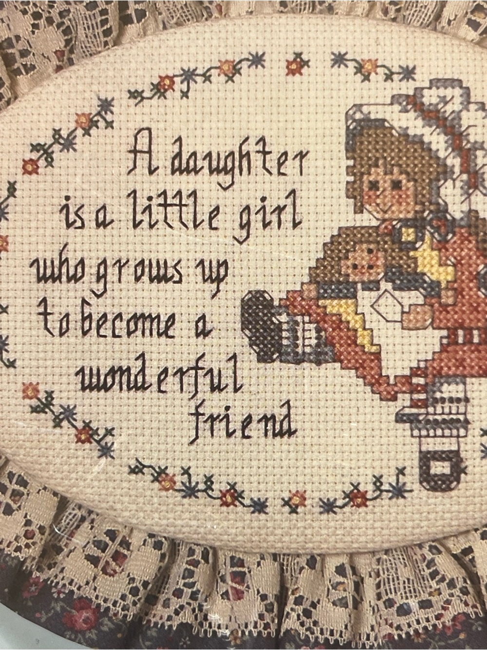 Sentimental Daughter Cross-Stitch Hanging Plaque in Cream and Brown